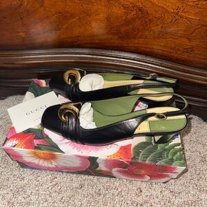 Gucci Black and Gold Heels with Green Insole